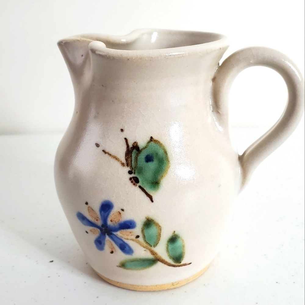 Vintage Dover Pottery Pitcher Artist Signed‎ DBG 1984 Floral Butterfly Vase